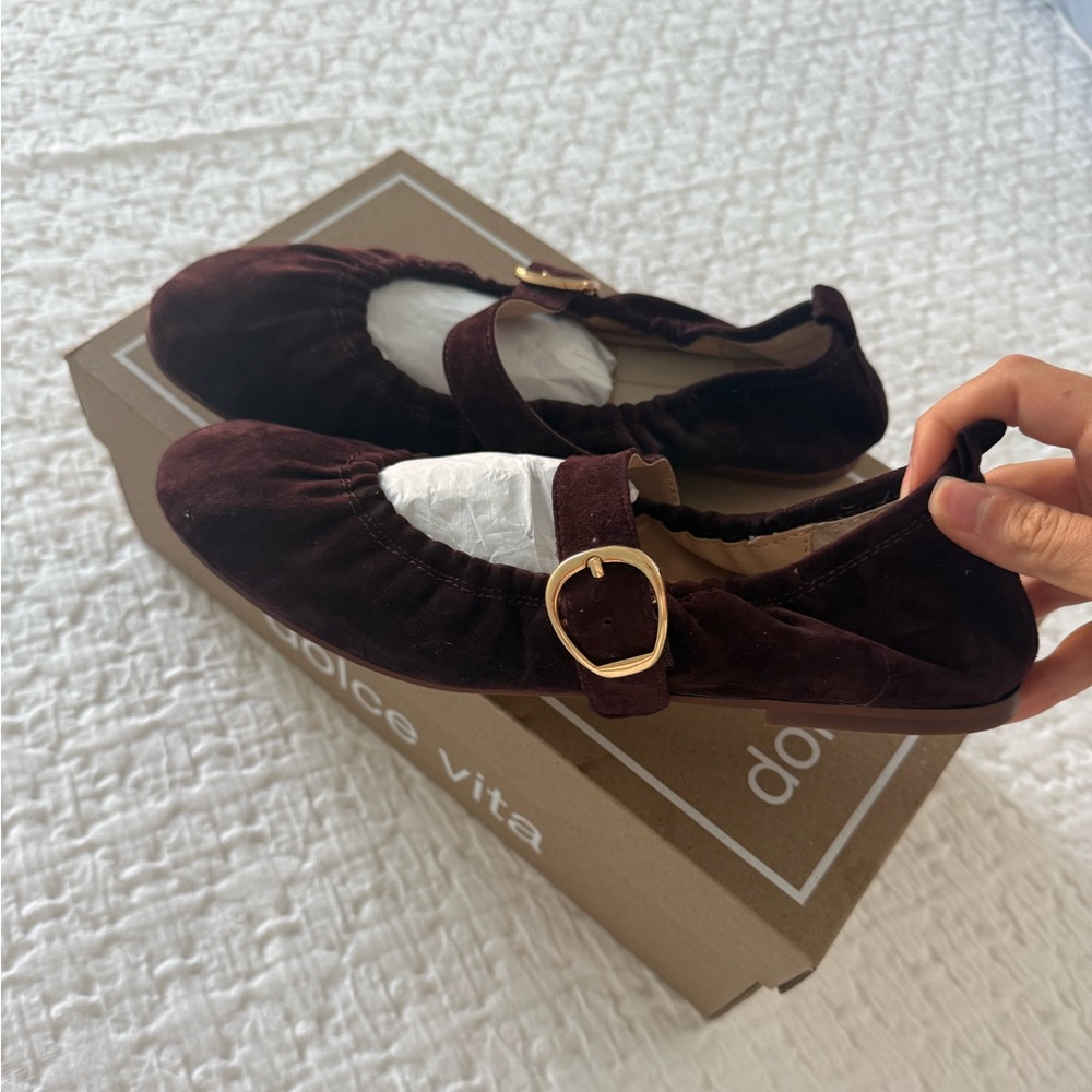 Dolce Vita Dark Brown Velvet Mary Jane Flats with Gold Buckle